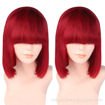 Wholesale 10A 100% human hair wigs red colored short bob wig straight bob human hair bob wigs lace front